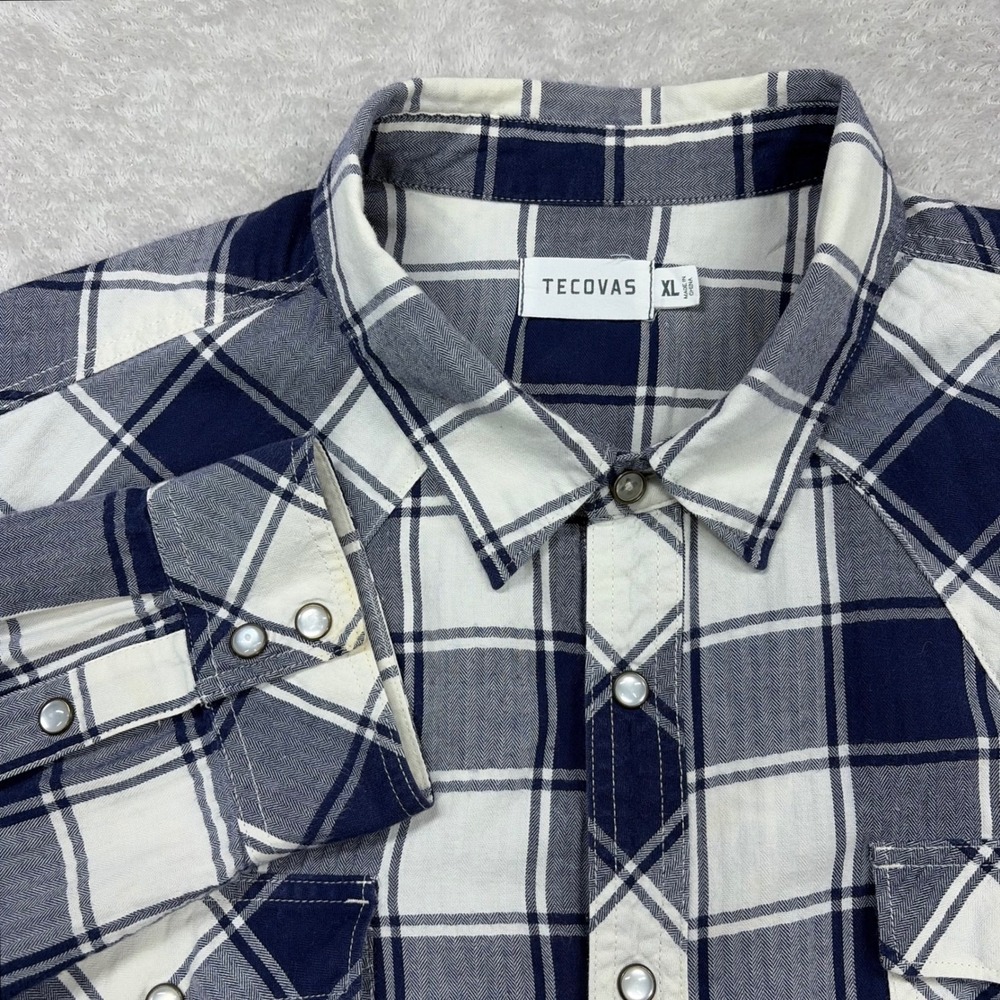 Tecovas Western Shirt Mens XL Navy White Plaid Pearl Snap Herringbone Cowboy